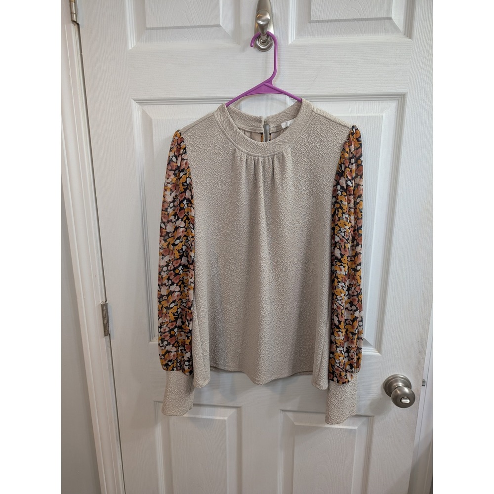 THML Floral Mixed Media Balloon Sleeve Blouse Womens Beige - Size L